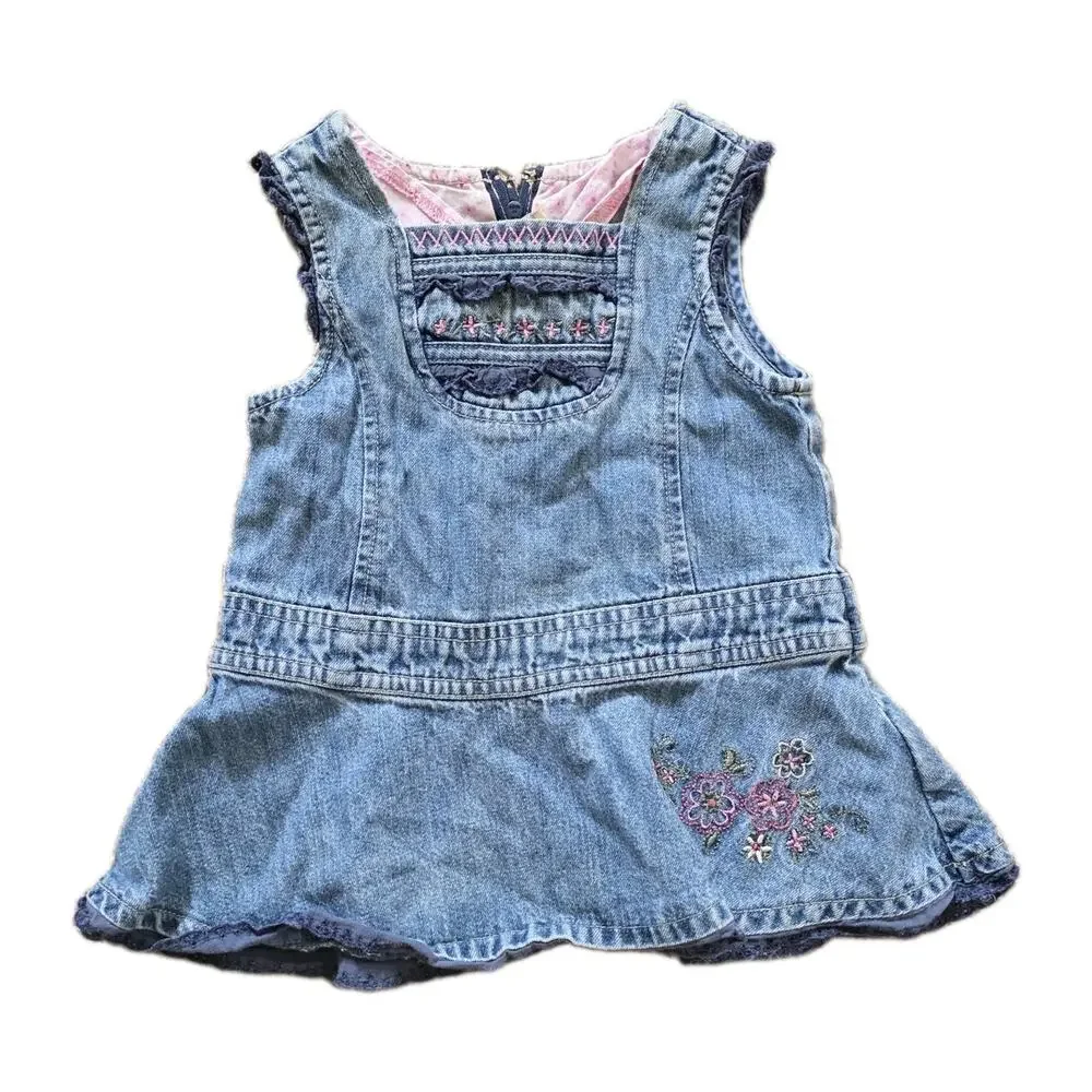 Y2K Vintage Embroidered Floral Denim Overall Dress Girls Size 12m Cottage Fairy